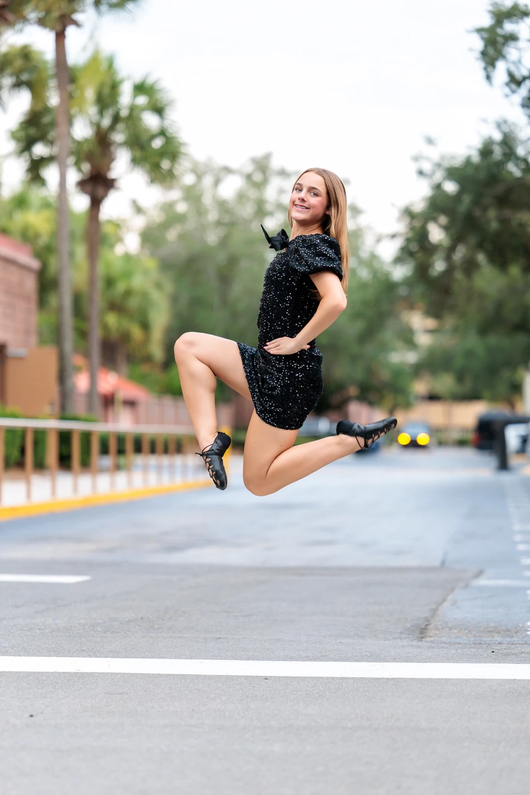 Irish dancer jump portrait outdoors